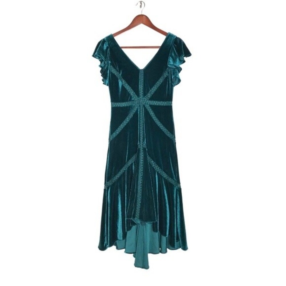 Neiman Marcus Green Velvet Flutter Sleeve High-Low Flounce Hem Midi A Line Dress - Picture 3 of 9